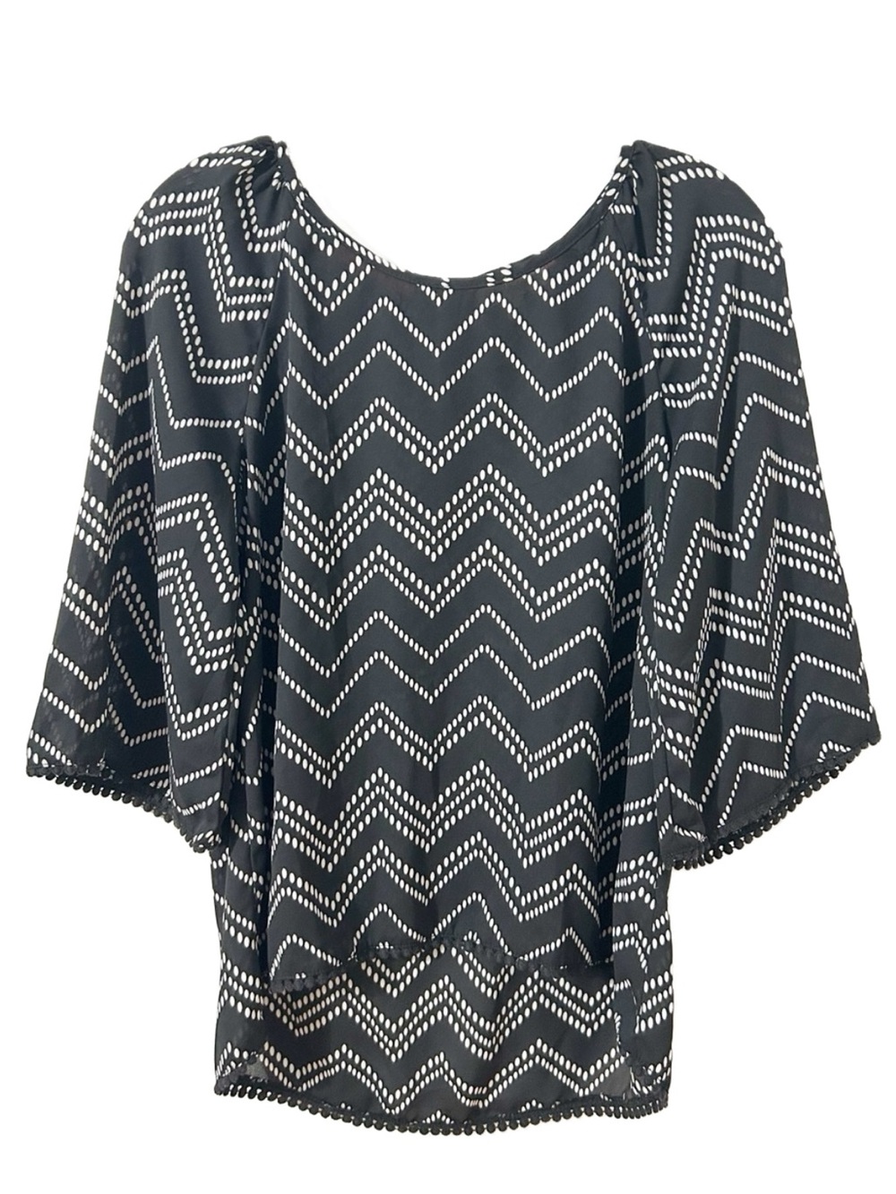 Love On A Hanger Chevron Pom Pom Hem Blouse | Black White | Size Small